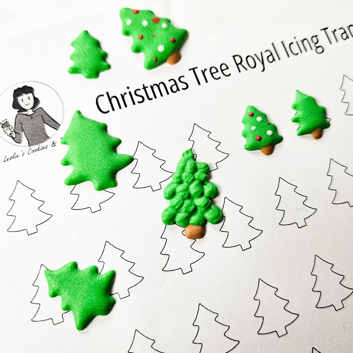 Christmas tree royal icing transfers ready for cookie decorating