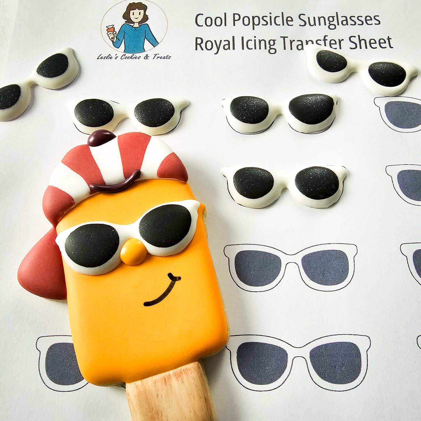 Sunglass royal icing transfers for the cool popsicle sugar cookie