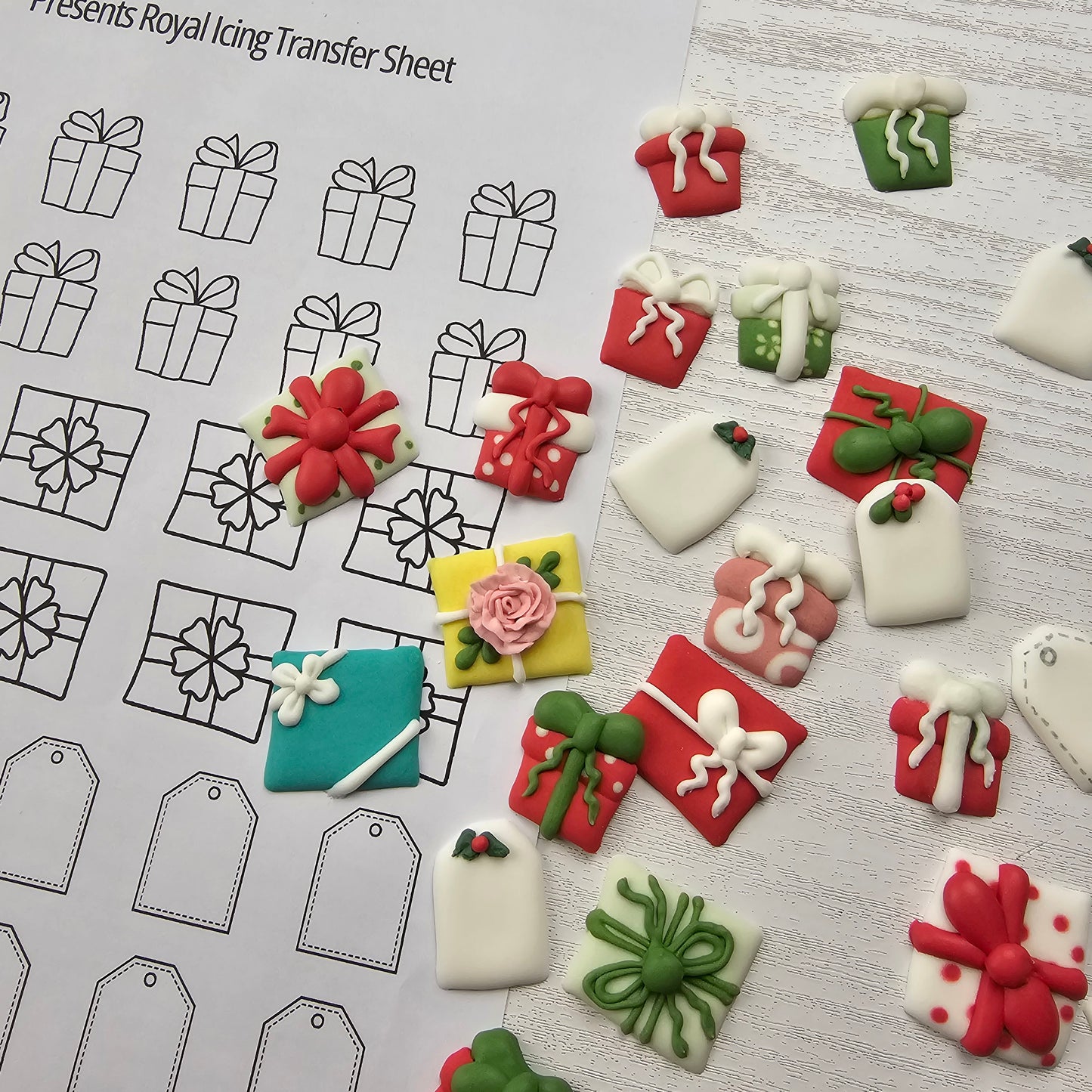 Present royal icing transfers