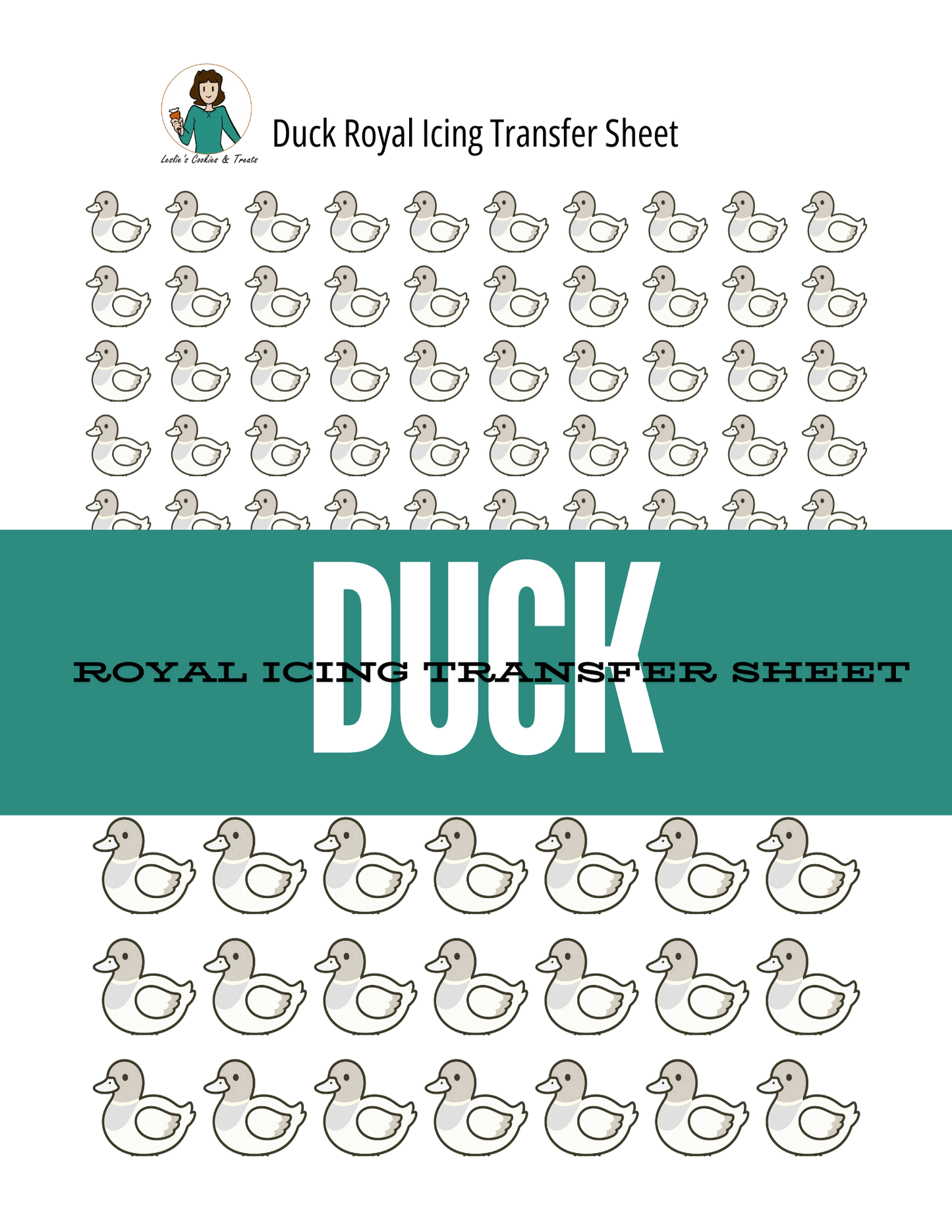 Duck-themed royal icing transfer sheet with repeated duck pattern on a white background.