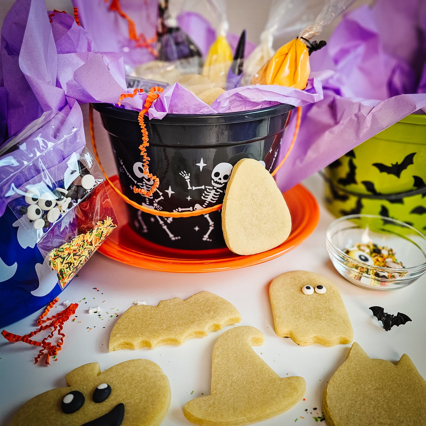 Halloween sugar cookie decorating kit with cute Halloween trick or treat buckets, sprinkles and six different cookie shapes