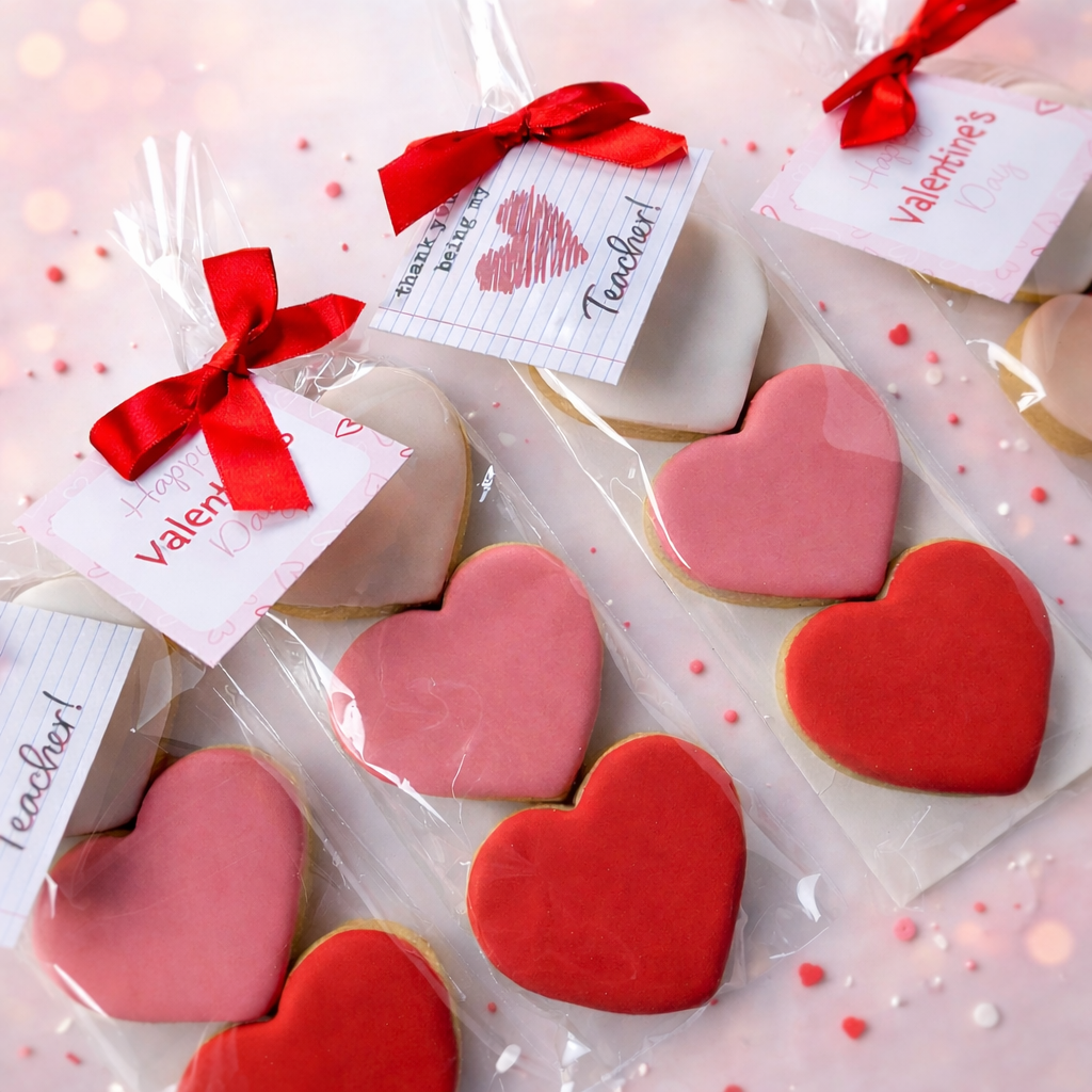 3 Valentine's Day heart-shaped sugar cookies in decorative packaging on a white background with red, white, and pink sprinkles