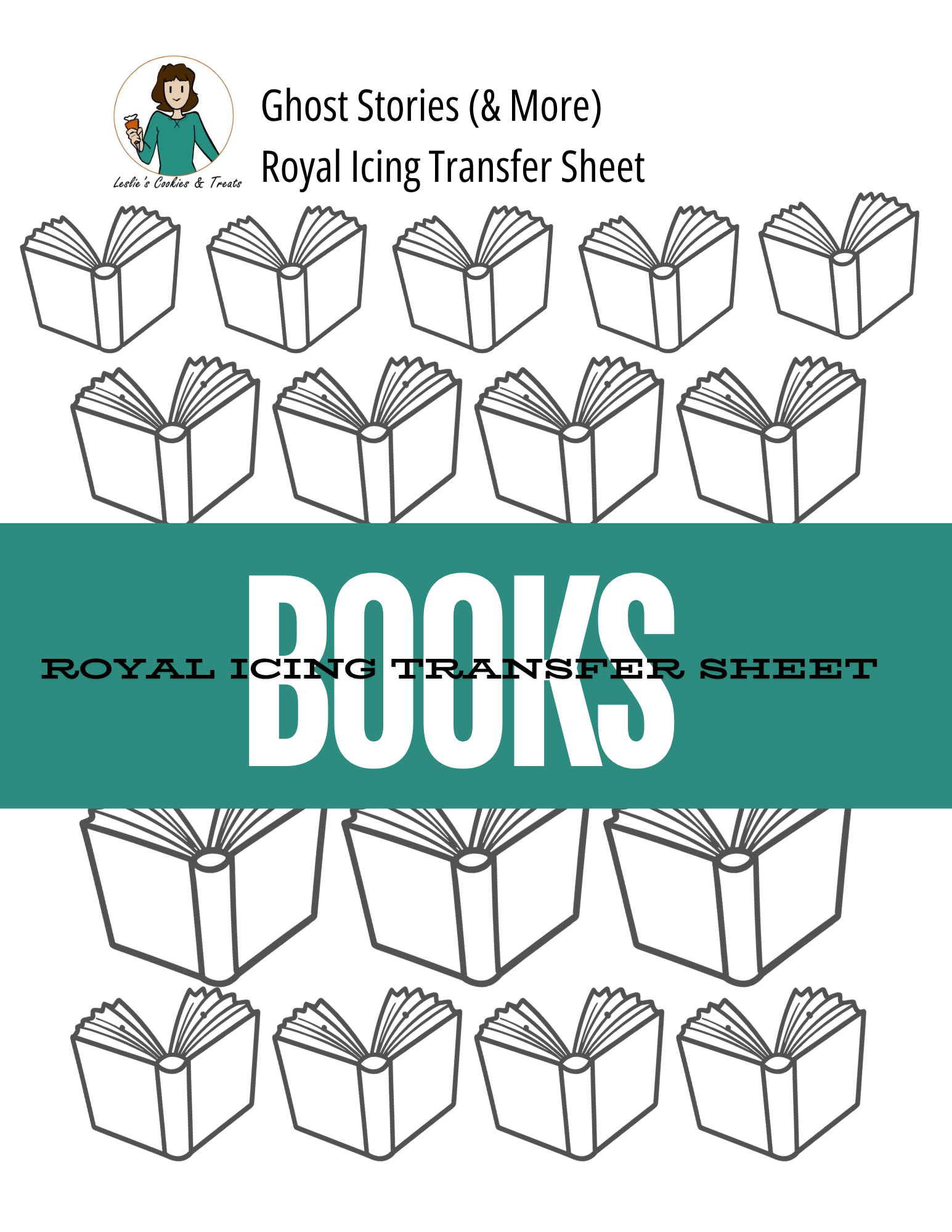 A royal icing transfer sheet pattern featuring rows of black and white open books with a teal label that says 'Books Royal Icing Transfer Sheet' in white and black letters