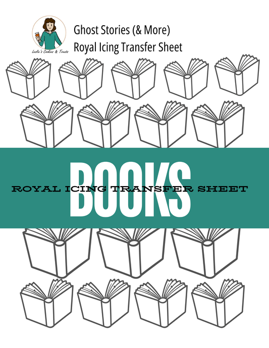 A royal icing transfer sheet pattern featuring rows of black and white open books with a teal label that says 'Books Royal Icing Transfer Sheet' in white and black letters