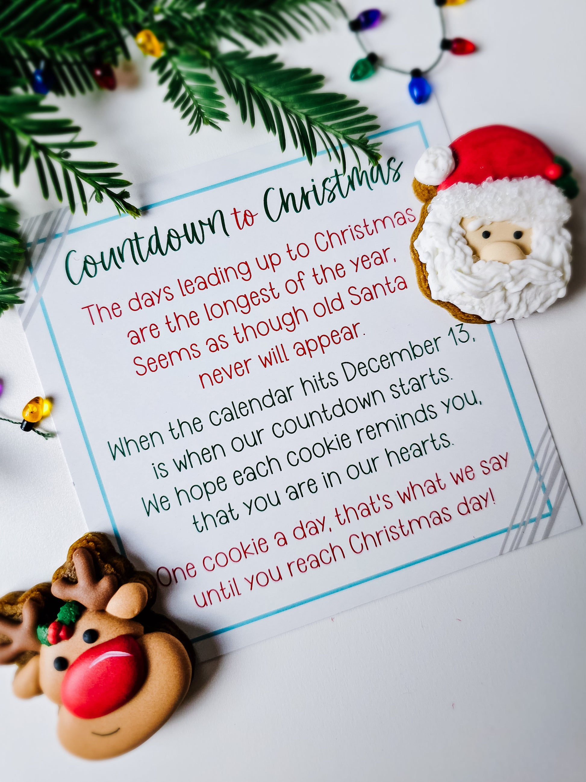 Christmas countdown card with Santa and reindeer cookies on a white background