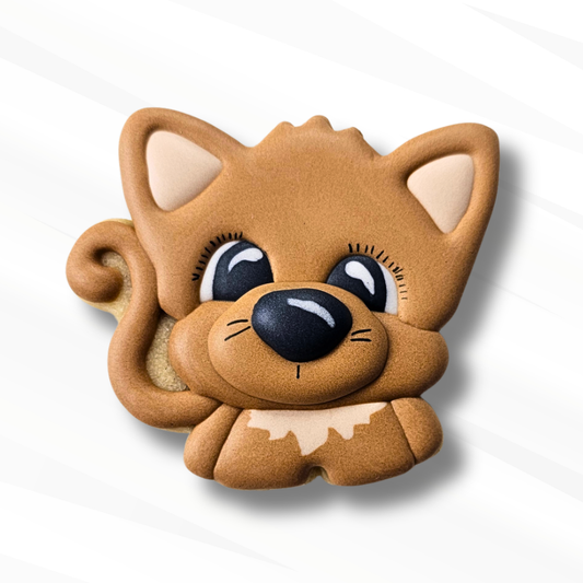 Brown chubby cat decorated sugar cookie on a white background 