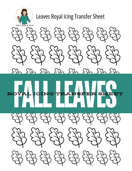 A printable fall leaves transfer sheet with rows of black outline leaves on a white background, a teal banner across the center reading 'FALL LEAVES,' and Leslie's Cookies and Treats logo at the top left.