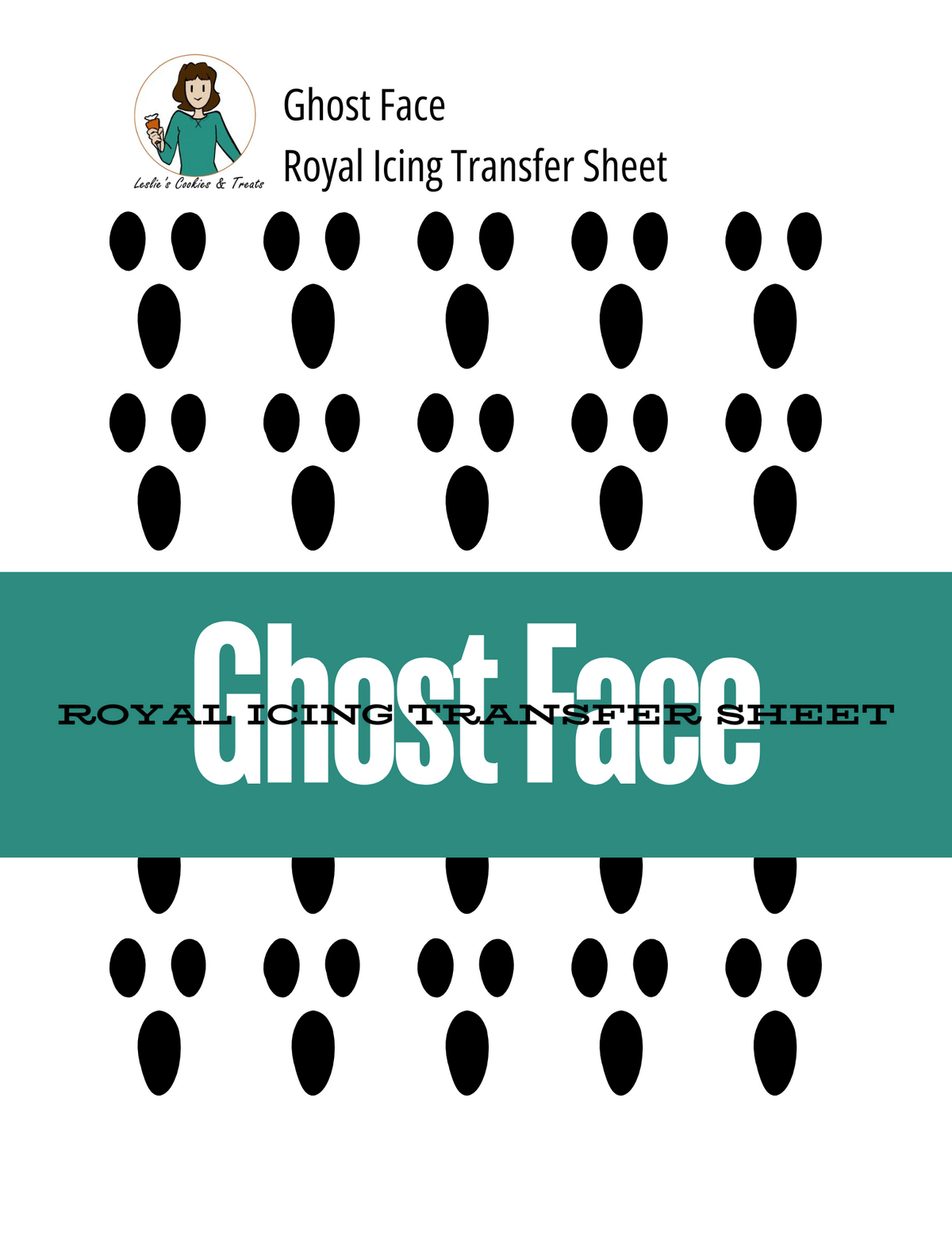 Printable ghost face royal icing transfer sheet with two sizes