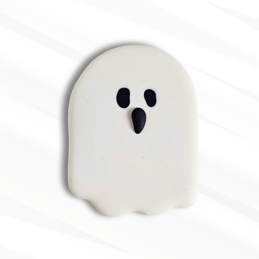 Decorated ghost sugar cookie with ghost eyes royal icing transfers 