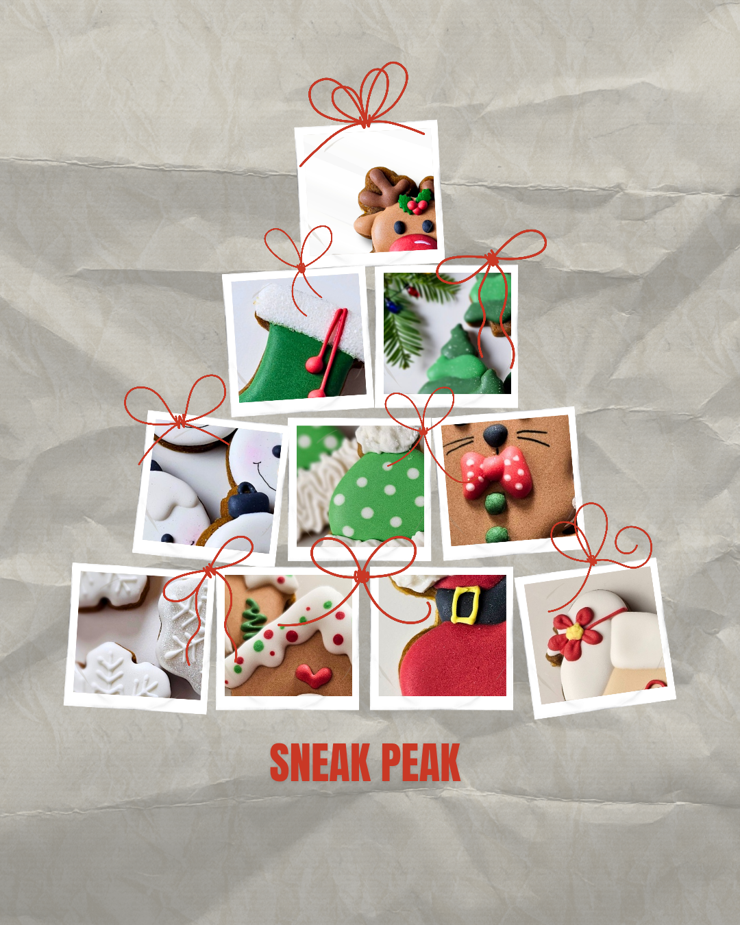 Collage of Christmas-themed cookies with decorative ribbons on a textured gray background, featuring the text 'SNEAK PEAK'.