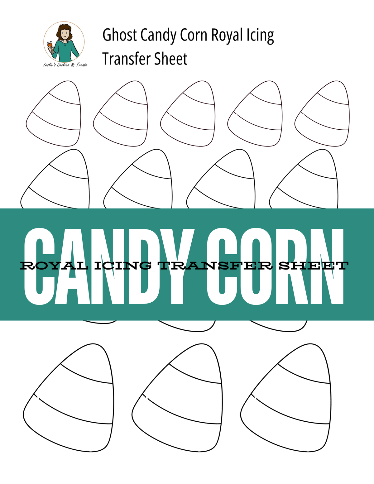 A digital transfer sheet template for large candy corn royal icing transfers, featuring black line drawings of candy corn outlines on a white background with a teal banner across the middle reading 'CANDY CORN ROYAL ICING TRANSFER SHEET'.