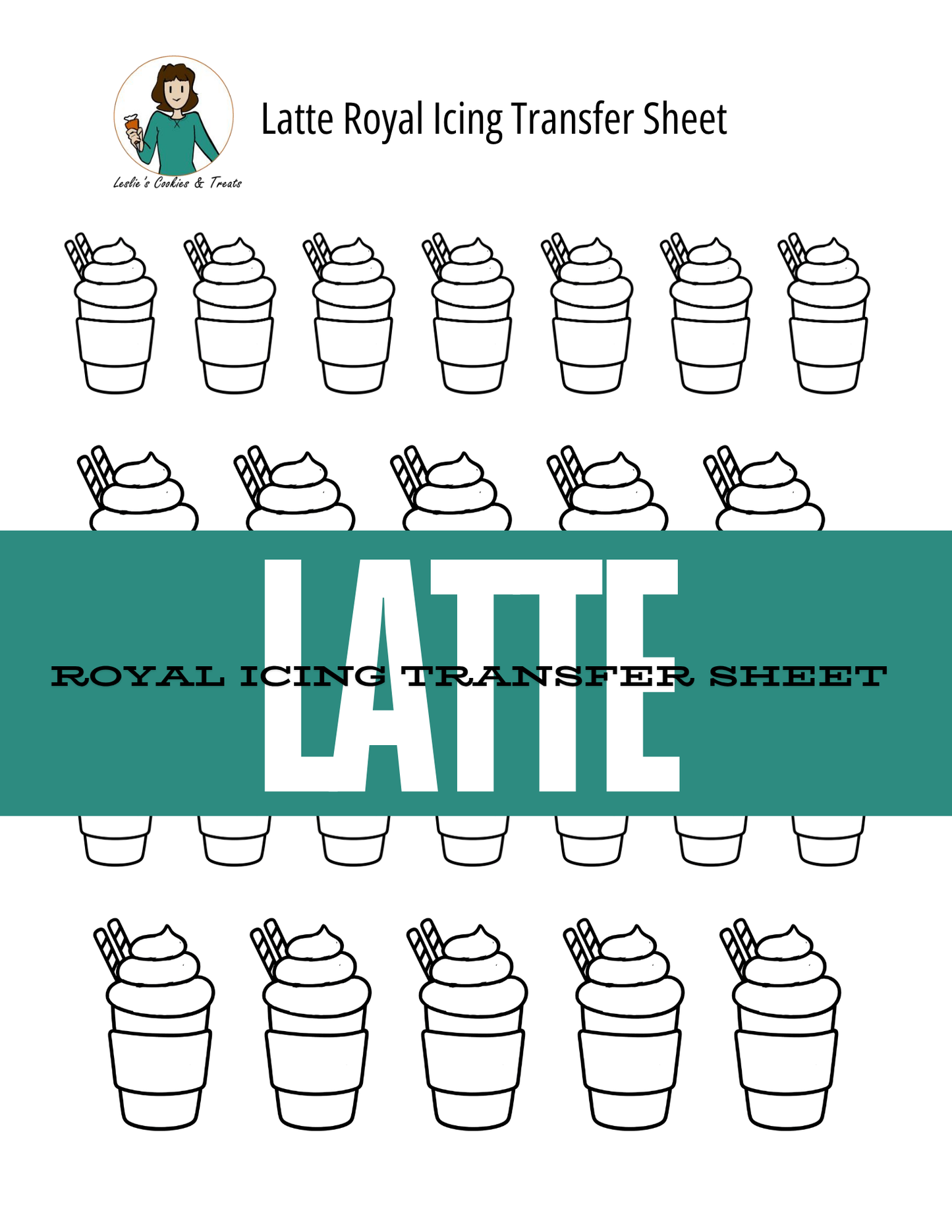 Latte Royal Icing Transfer Sheet showing black and white illustrations of latte's arranged in rows.