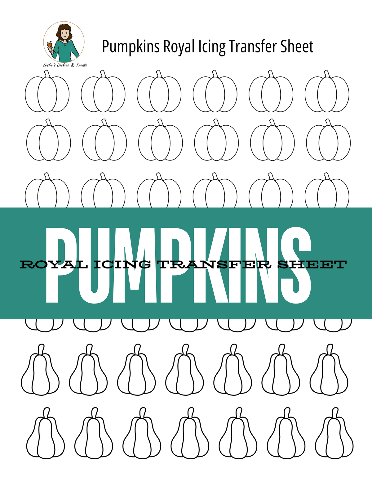 A pumpkin-themed royal icing transfer sheet with rows of outlined pumpkin shapes on a white background, a large teal banner across the center reading 'PUMPKINS', and the text 'Pumpkins Royal Icing Transfer Sheet' at the top.