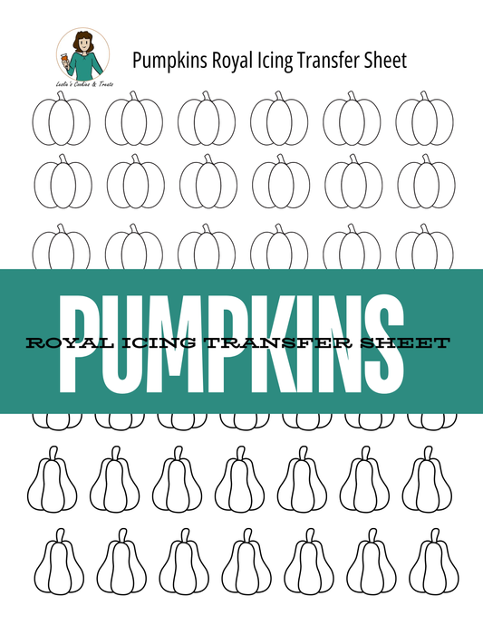 A pumpkin-themed royal icing transfer sheet with rows of outlined pumpkin shapes on a white background, a large teal banner across the center reading 'PUMPKINS', and the text 'Pumpkins Royal Icing Transfer Sheet' at the top.