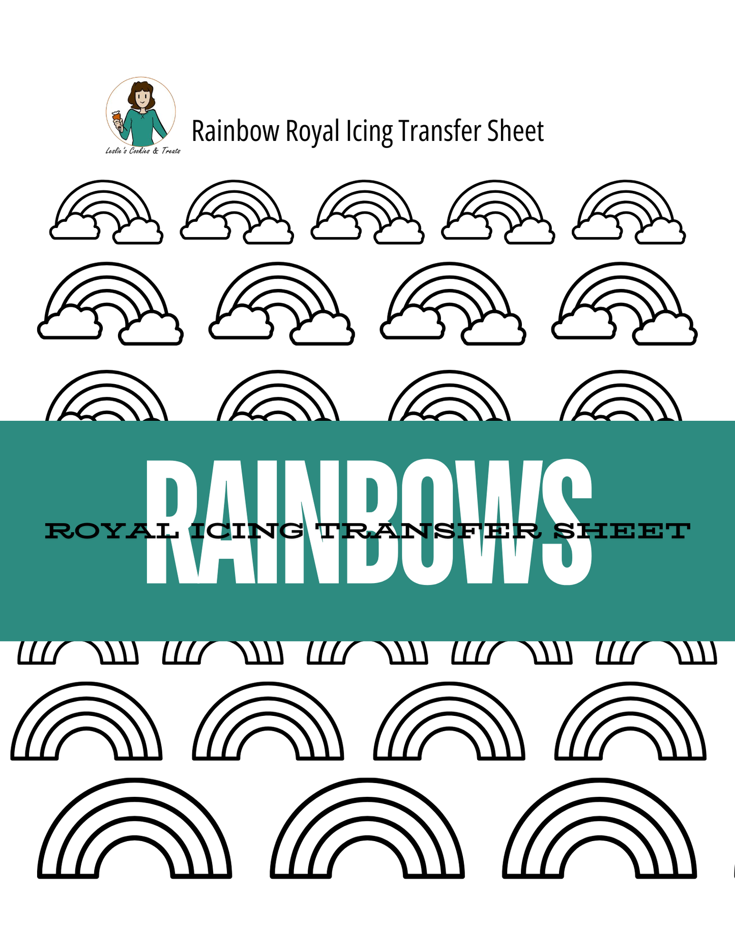 Sheet of rainbow designs for royal icing transfers with a teal banner at the top.