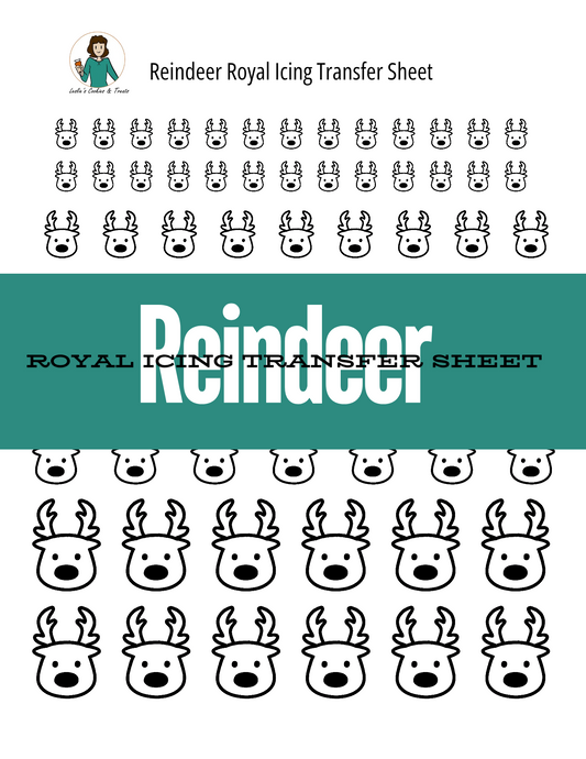 Reindeer royal icing transfer sheet with black outlines on a white background