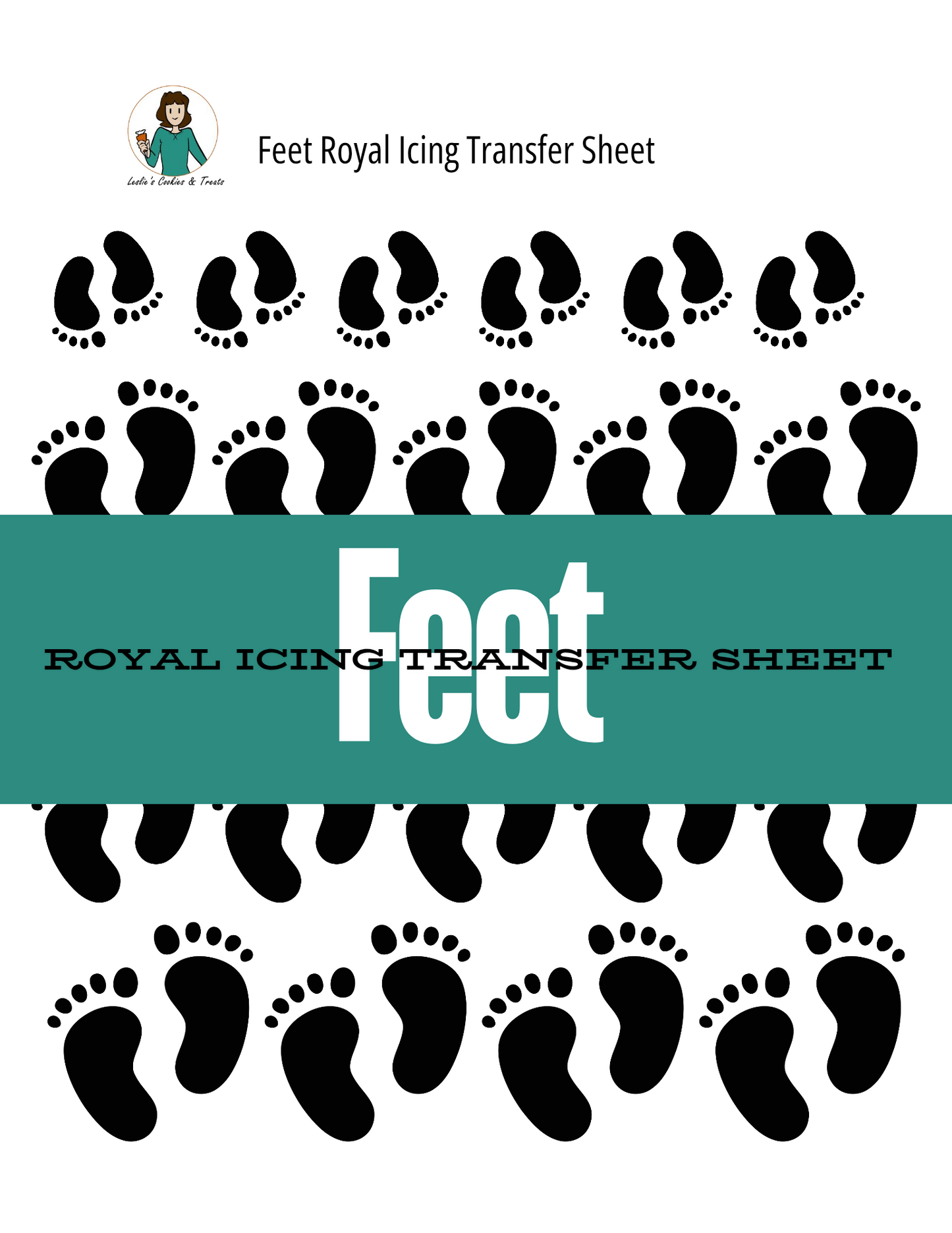 Royal icing transfer sheet with footprints on a white background