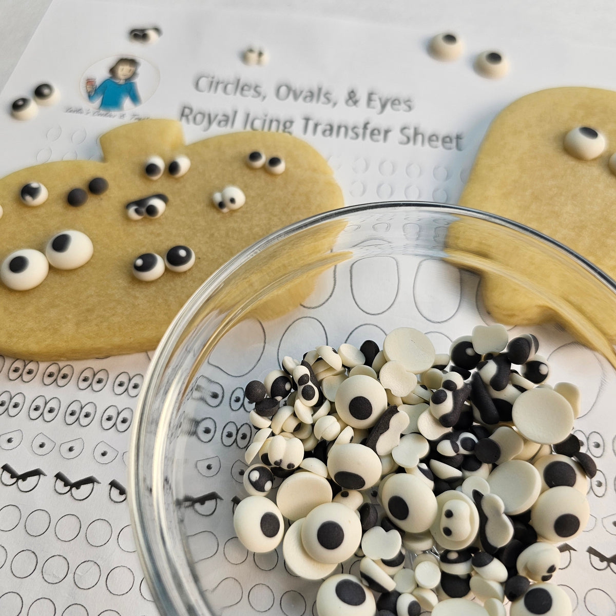Royal icing eye transfers ready to decorate character cookies
