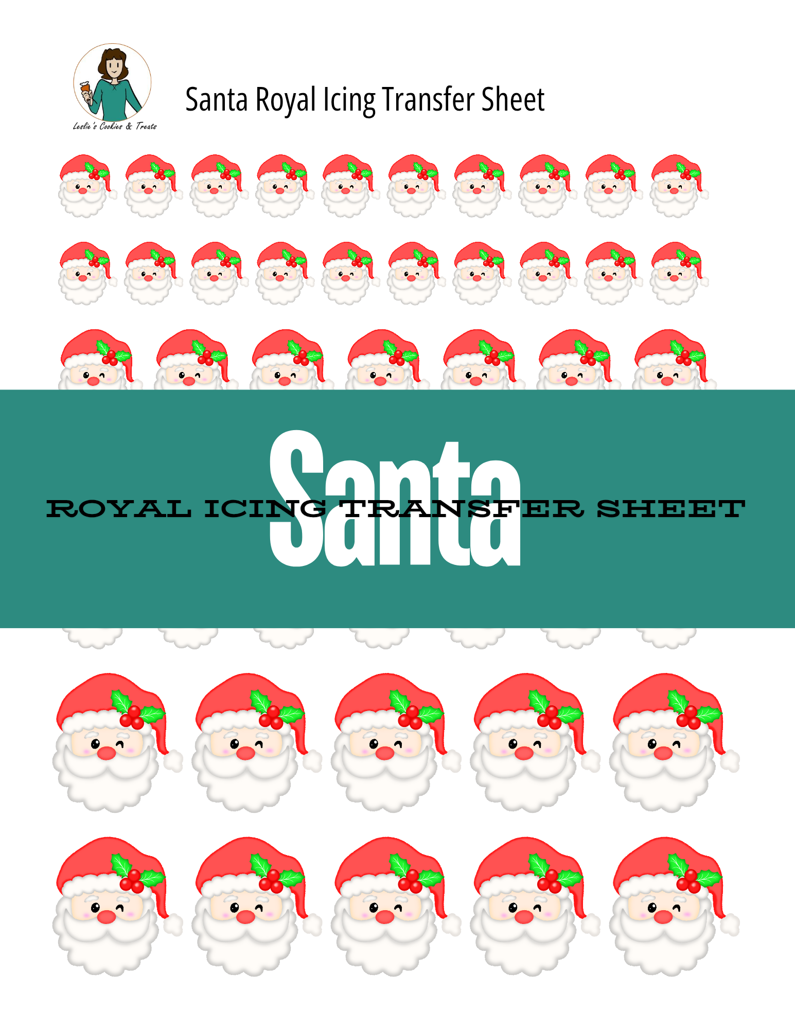 Santa Royal Icing Transfer Sheet with multiple Santa faces on a white background