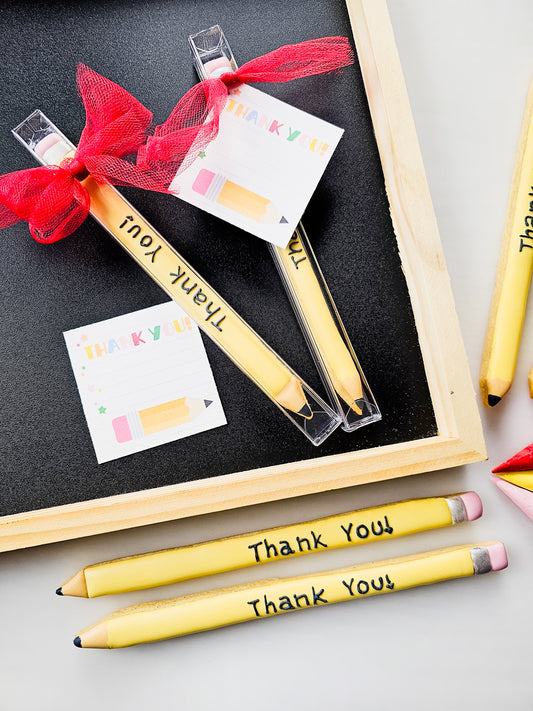 Skinny pencil decorated sugar cookies for Teacher appreciation week that say thank you