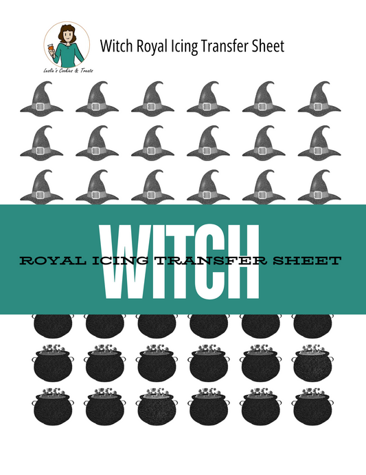 A Witch Royal Icing Transfer Sheet. The design features rows of gray witch hats, a teal banner with the word 'WITCH' in large white letters, and rows of black cauldrons at the bottom on a white background.