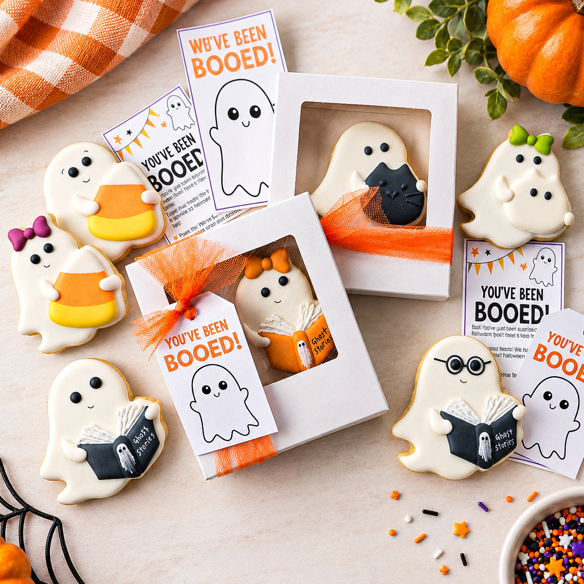 Halloween-themed ghost-shaped cookies and packaged ghost cookies arranged on a light tabletop with orange-and-white striped fabric, small pumpkins, sprinkles, and printed 'You've Been Booed!' tags.