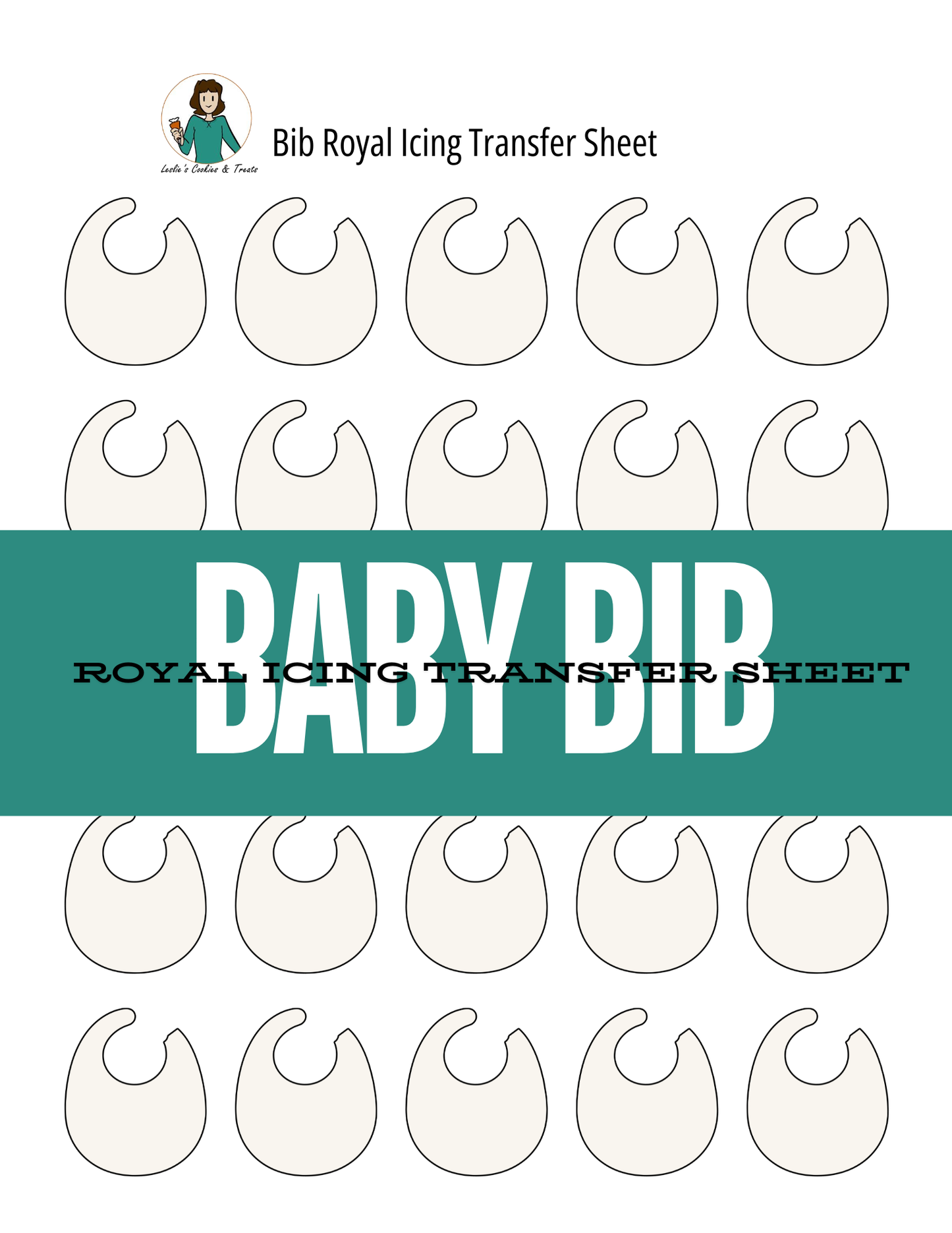 Baby bib royal icing transfer sheet with multiple bib outlines on a white background