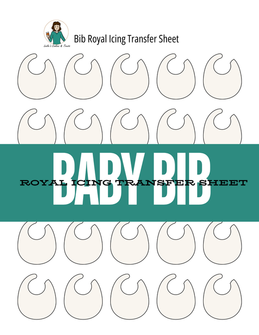 Baby bib royal icing transfer sheet with multiple bib outlines on a white background