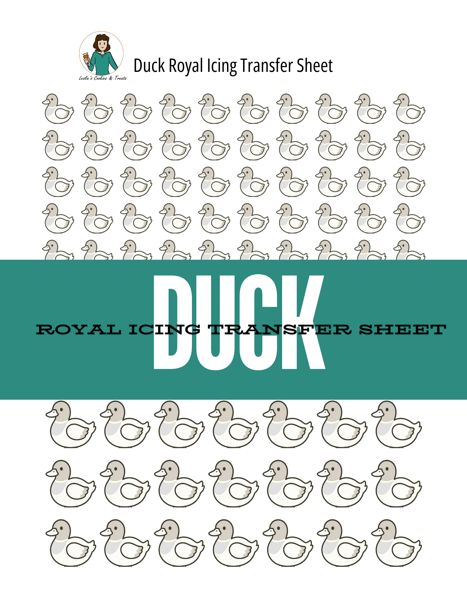 Duck-themed royal icing transfer sheet with repeated duck pattern on a white background.