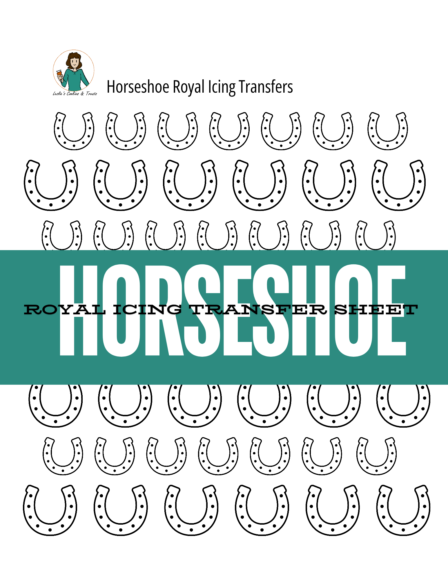 Horseshoe royal icing transfers sheet with black outlines on a white background