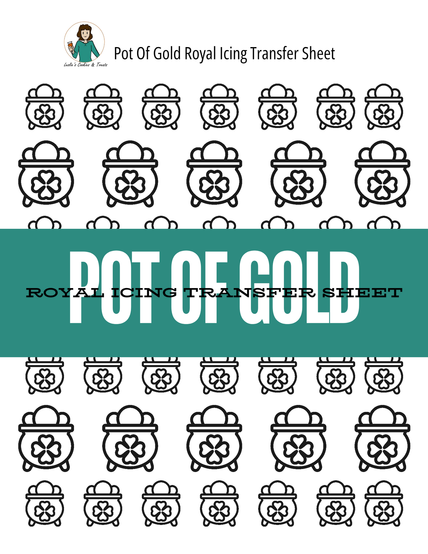 Royal icing transfer sheet with pot of gold designs on a white background