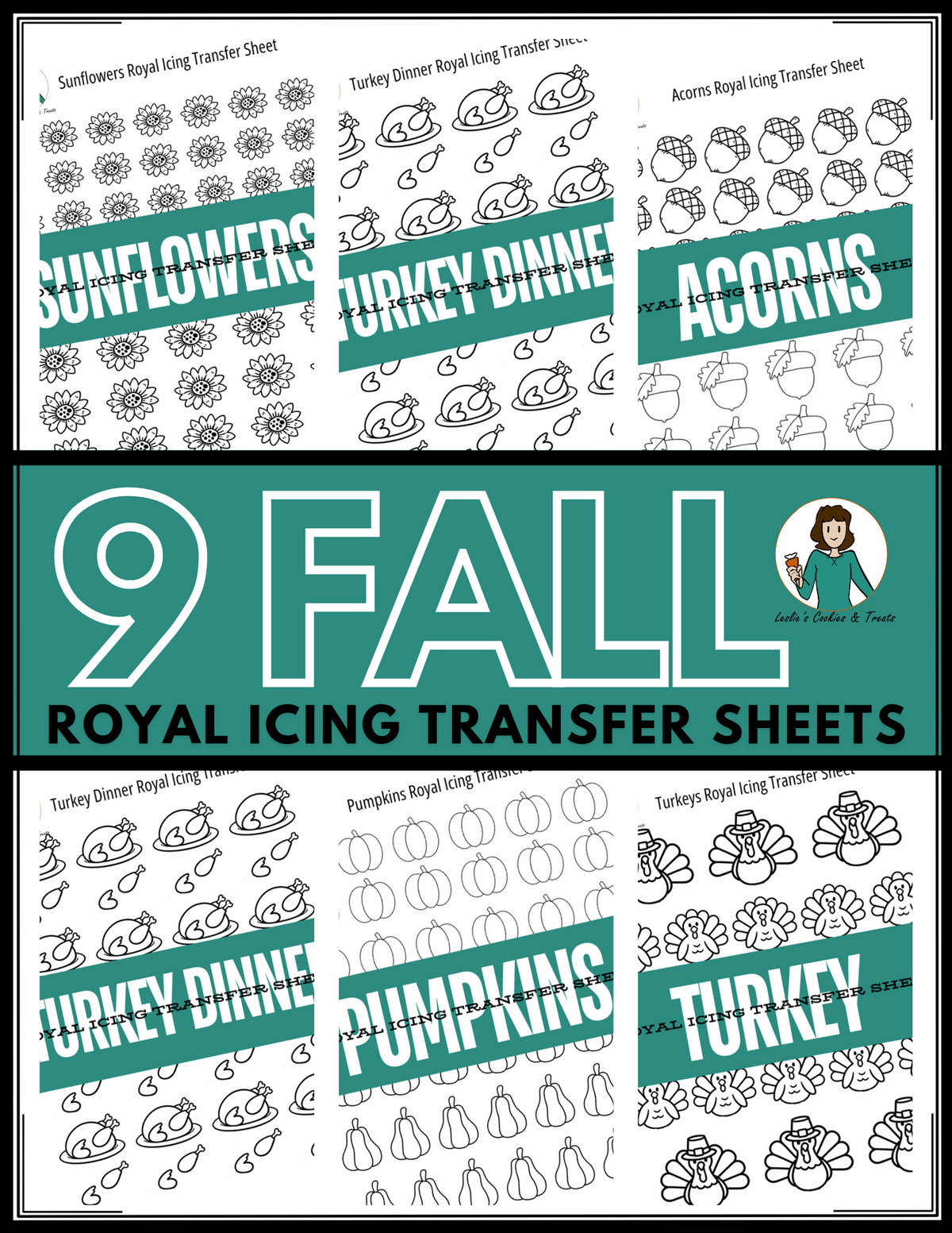 Fall & Thanksgiving Royal Icing Transfer Bundle – Pumpkins, Leaves, Sunflowers, Turkeys & More