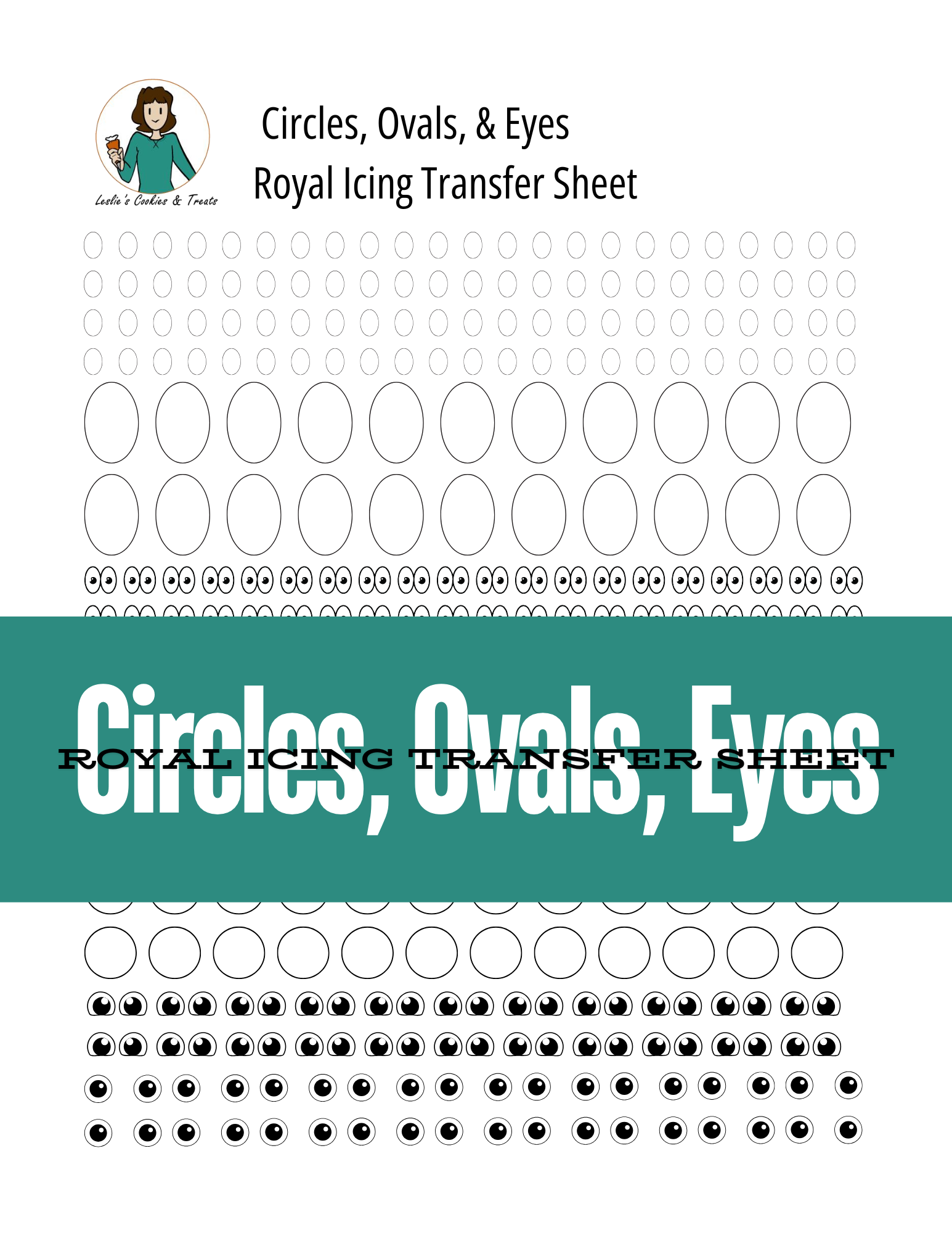 Royal icing transfer sheet with circles, ovals, and eyes