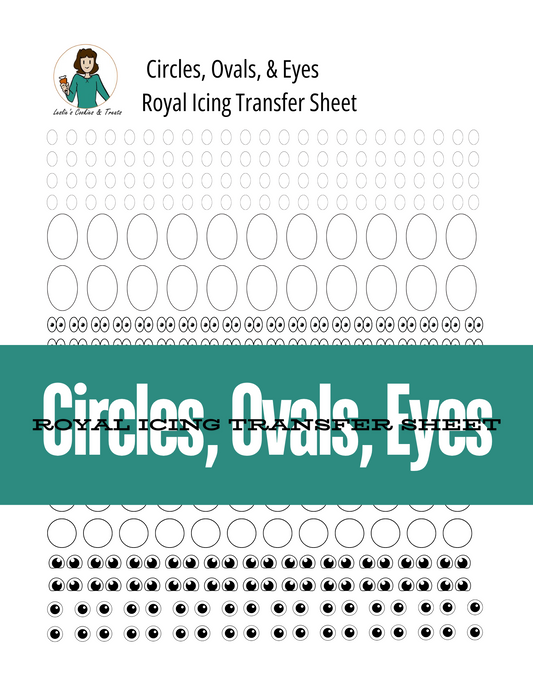 Royal icing transfer sheet with circles, ovals, and eyes