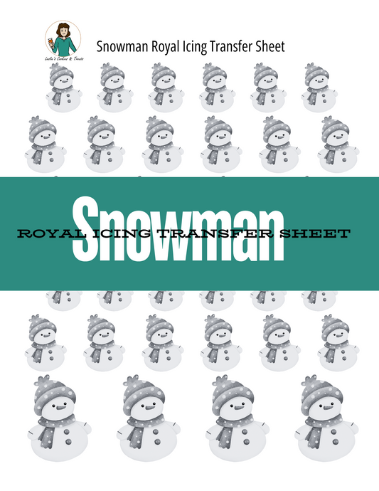 Snowman royal icing transfer sheet with snowmen wearing hats and scarves on a white background.