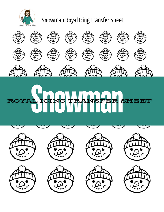 Snowman royal icing transfer sheet with black outlines on a white background